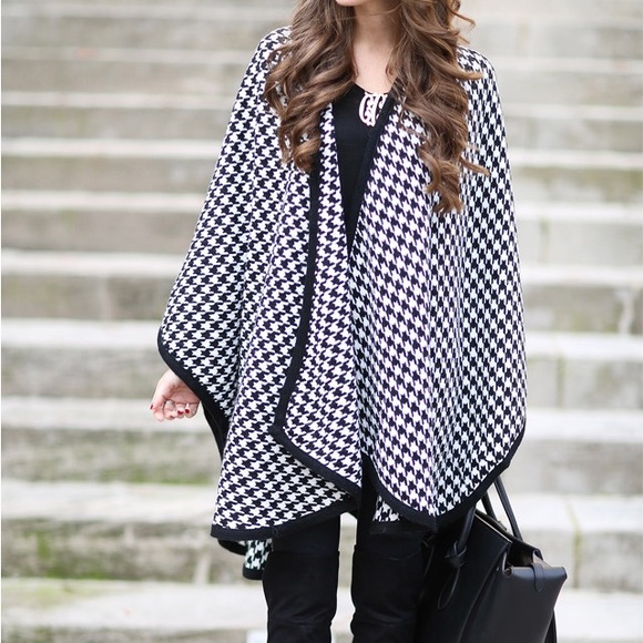 V. Fraas Houndstooth print Cape Shawl Poncho Cover O/S 100% Acrylic - Picture 7 of 16